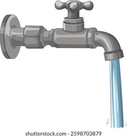 Vector illustration of a metal faucet with flowing water, showcasing realistic shading and smooth lines in a minimalist style
