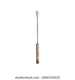 Vector illustration of metal fondue fork. Kitchen equipment. For traditional dish of melted chocolate or cheese. Watercolor hand drawn illustration. Vintage engraved style. Isolated background.