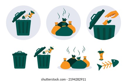 Vector Illustration: Metal Garbage Container, Trash Bin, Recycling Icon, Pile Of Waste Decomposed, Opened Trash Bin, Hand Throwing Rubbish Into Trash, No Littering Illustration. Isolated On White