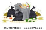 Vector illustration: Metal garbage containers with unsorted trash . Rubbish and trash bags lying around dump. Scene with pile of waste that smells ugly and started to decompose. Isolated on white.