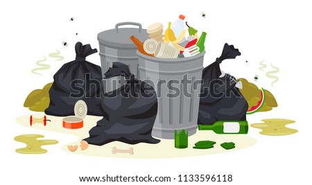 Vector illustration: Metal garbage containers with unsorted trash . Rubbish and trash bags lying around dump. Scene with pile of waste that smells ugly and started to decompose. Isolated on white.