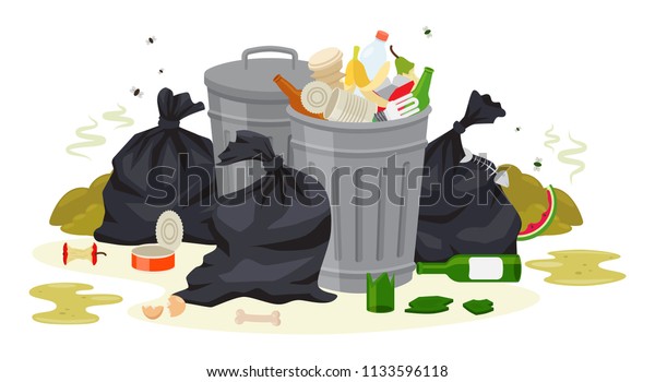 Vector illustration: Metal garbage containers with\
unsorted trash . Rubbish and trash bags lying around dump. Scene\
with pile of waste that smells ugly and started to decompose.\
Isolated on white.