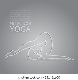 Vector illustration of metal or glass yoga icon, 3D effect, reflection, shadow and shining texture - woman in asana, fitmess sport logo for web or design