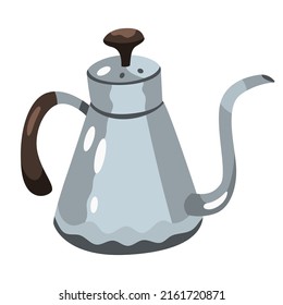 Vector illustration of metal gooseneck kettle. Isolated object on white. Grey and brown colors. Hand drawn cartoon flat vector illustration
