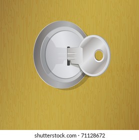 a vector illustration of a metal key in a lock in a wooden door