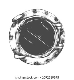 Vector illustration of metal porthole with  glass isolated on white background. Rivets mount