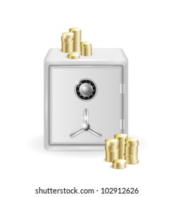 vector illustration of metal safe with combination lock and gold coin stacks on white background
