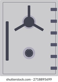 Ilustração vetorial de um cofre metálico com um mecanismo de travamento combinado de discagem e três raios, visão frontal, conceito de segurança e proteção de ativos.