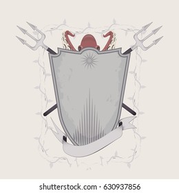 vector illustration of a metal shield and crossed tridents. fluttering ribbon. peek-a-Boo octopus. frame of vines. monochrome. in shades of blue. print on t-shirt, poster, design seafood and different