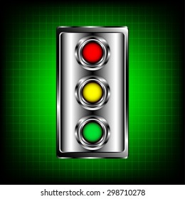 Vector illustration of metal traffic light on green square background   