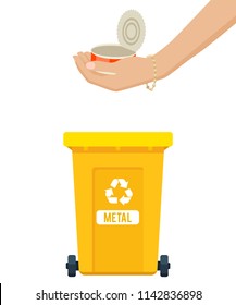 Vector illustration: metal waste throw out. Woman hand throwing away tin can in garbage container. Trash sorting concept. Colorful trash bin.