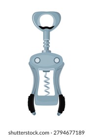 Vector illustration of a metal wing corkscrew. Modern lever wine bottle opener tool with black textured grip pads isolated on a white background.