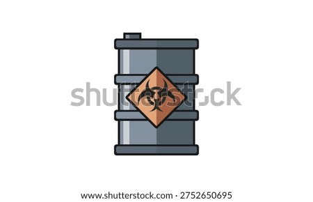 Vector illustration of a metallic barrel for biohazardous waste, featuring the universal biohazard symbol. Ideal for themes of industrial safety, toxic waste management, environmental pollution, and laboratory hazards