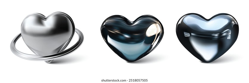 Vector illustration of metallic and glass hearts with reflective surfaces and unique designs. Ideal for modern, abstract, and creative projects. High-quality and versatile. 3d chrome hearts.