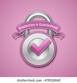 Vector illustration of metallic padlock with check mark and label. Protection guaranteed sign