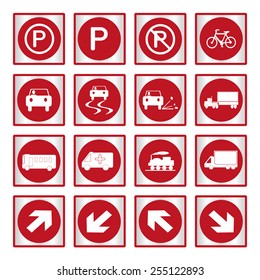 Vector illustration of Metallic set red transport and road signs