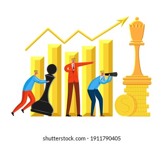 Vector illustration metaphor with businessmen playing chess to succeed. graph with up arrow, coins, gold Background. Concept business, strategy, achievement, work, teamwork, success.