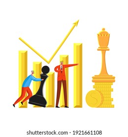Vector illustration metaphor with businessmen playing chess to succeed. Background in form of graph with up arrow, coins, gold. Concept business, strategy, achievement, work, teamwork, success.
