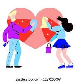 Vector illustration is metaphor of couple whose relationship has reached dead end and turned into routine. Man and woman are dusting  abstract heart, which means working to improve the relationship.