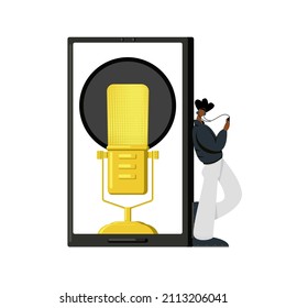 Vector illustration of metaphor enlarged gold smartphone with microphone on screen, character in headphones holding mobile phone. Concept voice audio recording, audio books, podcasts, radio.
