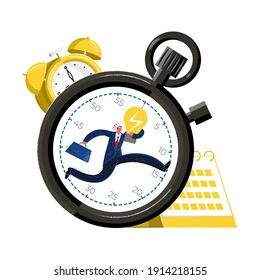 Vector illustration metaphor with person running inside stopwatch, holding light bulb. There is alarm clock, calendar in background. Concept time management, deadline, planning, lateness, punctuality.