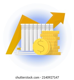 Vector illustration of metaphor with radiator, stack of gold coins, an arrow pointing upwards. The concept rising prices for heating, problems. It can be used in web design, banners, etc.