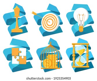 Vector illustration metaphor with set, collection image of chess piece, money, stack gold coins, puzzle, hourglass, cage, light bulb. Background is folded ribbon. Concept business, metaphors, success.
