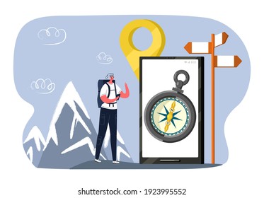 Vector illustration metaphor with traveler in mountains looking into smartphone with compass, geolocation, signpost, post. Concept search, mobile applications for travel, orientation in space, maps.