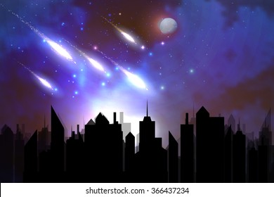 Vector illustration of a meteor over the city.