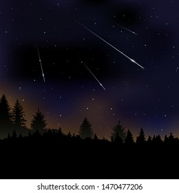 Vector illustration of Meteor Shower. Falling Perseids on dark night sky. Meteor rain, falling glowing comets on natural landscape at night. Scientific, astronomy background with copy space for text.