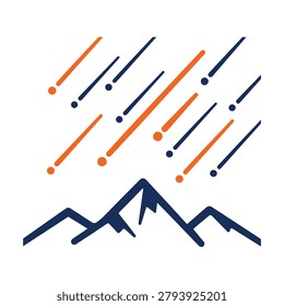 Vector illustration of a meteor shower with shooting stars in a dark night sky above mountains.