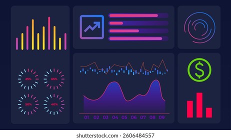 Vector illustration. Meters, sliders, and charts visualize how business measures risk, speed, and capital flow in data-driven world. Concept of business, stock market, exchange, economy, capital.