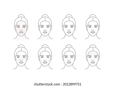 Vector illustration method fo face massage. Female face with arrow lines. Facial beauty treatment.