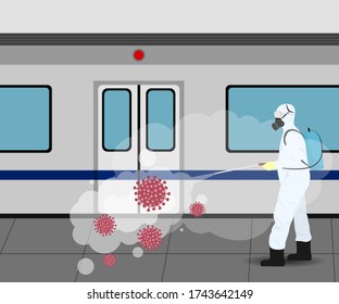 Vector illustration for metro disinfectant during lock down, whole world sanitize for deadly covid 19 disease, 
global attack of corona virus