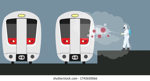 Vector illustration of metro train disinfectant during lock down. The whole world sanitize for deadly covid 19 disease concept. 
Global attack of coronavirus.