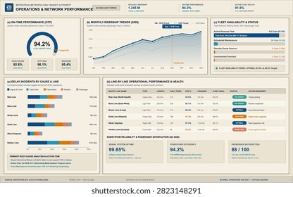 Vector illustration of a metropolitan transit dashboard with charts, graphs, and operational performance metrics.