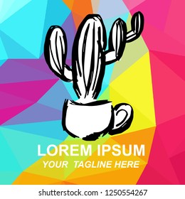 Vector Illustration of Mexican Cactus Succulent Logo Hand Drawn, Ink, Brush, Sketch with Geometric Polygon Background for Isolated Graphic Design Outline, Sign, Symbol and more