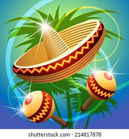 vector illustration of mexican carnival hat and maracas