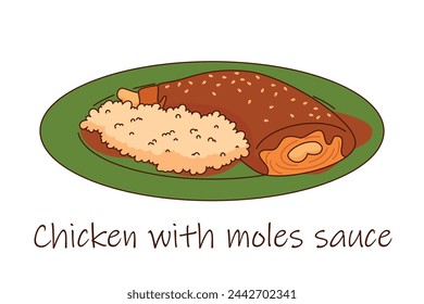 Vector illustration of Mexican coisine Chicken with rice and moles sauce