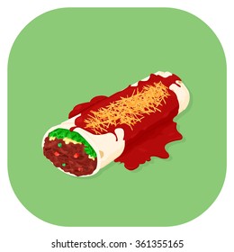 A vector illustration of Mexican cuisine - Burrito with ground beef and  salsa sauce.
Burrito with tomato sauce icon illustration.
Mexican food culture and concept.
