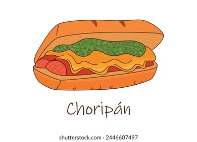 Vector illustration of Mexican cuisine Choripan, argentinian hot dog