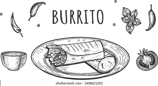 Vector illustration of mexican cuisine dish set. Levitating burrito with vegetables and spices such as tomato, sweet and hot pepper, rings of onoin, lemon. Vintage hand drawn style.