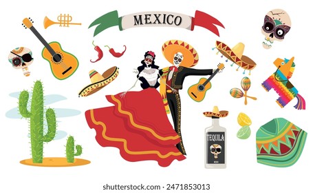 Vector illustration of mexican elements.Cartoon traditional: guitar, trumpet, chili, cacti, man and woman dressed in festival clothes for Day of the Dead, sombrero, skull,pinata,tequila, lime,maracas.