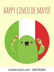 Vector illustration of Mexican flag for Independence Day Of Mexico with cactus and maraca. Greeting card cinco de mayo