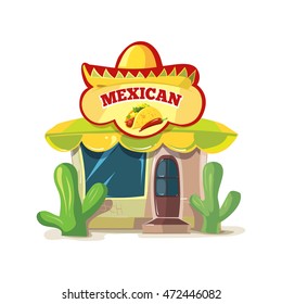 vector illustration of mexican food bar or restaurant building facade. Picture Isolated on white background.