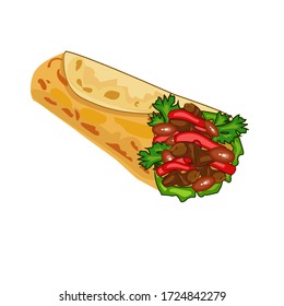 Vector illustration. Mexican food. Meat with vegetables and herbs wrapped in tortilla. Dish of Mexican cooking.
