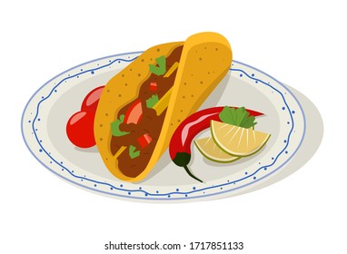 Vector Illustration. Mexican Food On The White Background. Tacos With Ground Beef On The Plate