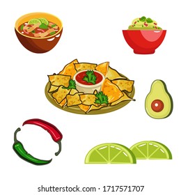 Vector illustration. Mexican food set. Food in a cup with herbs, peppers, avocado, lime. Mexican chips with tomato sauce.