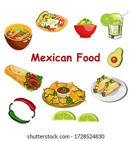 Vector illustration. Mexican food set. Food in a cup with herbs, peppers, avocado, lime. Mexican chips with tomato sauce.