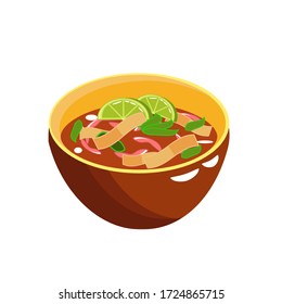 Vector illustration. Mexican food. Vegetable sauce with tomatoes, peppers and lime in a deep plate. Mexican Cooking Soup.